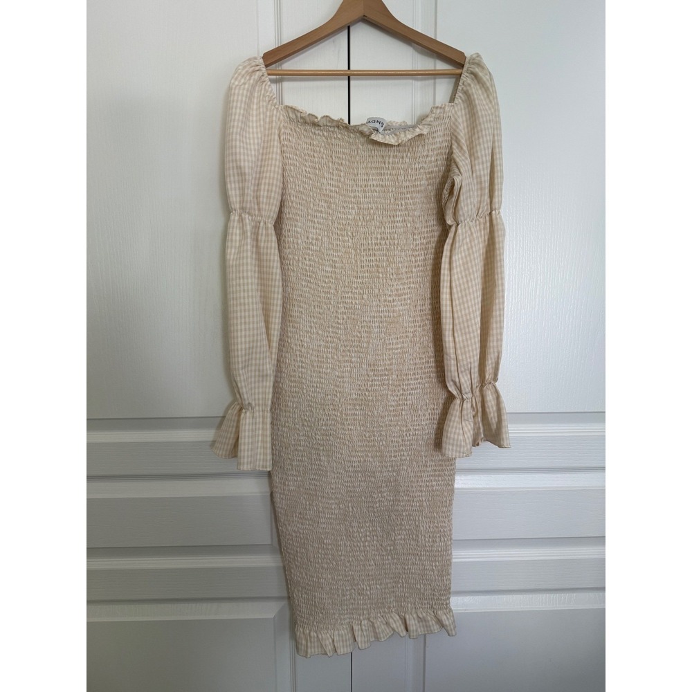 SNDYS US 10 Beige Gingham Smocked Midi Dress Cottagecore Puff Sleeve - Picture 2 of 9